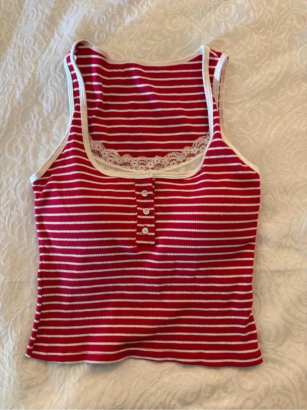 Red & White Striped Lace-Trim Tank Top